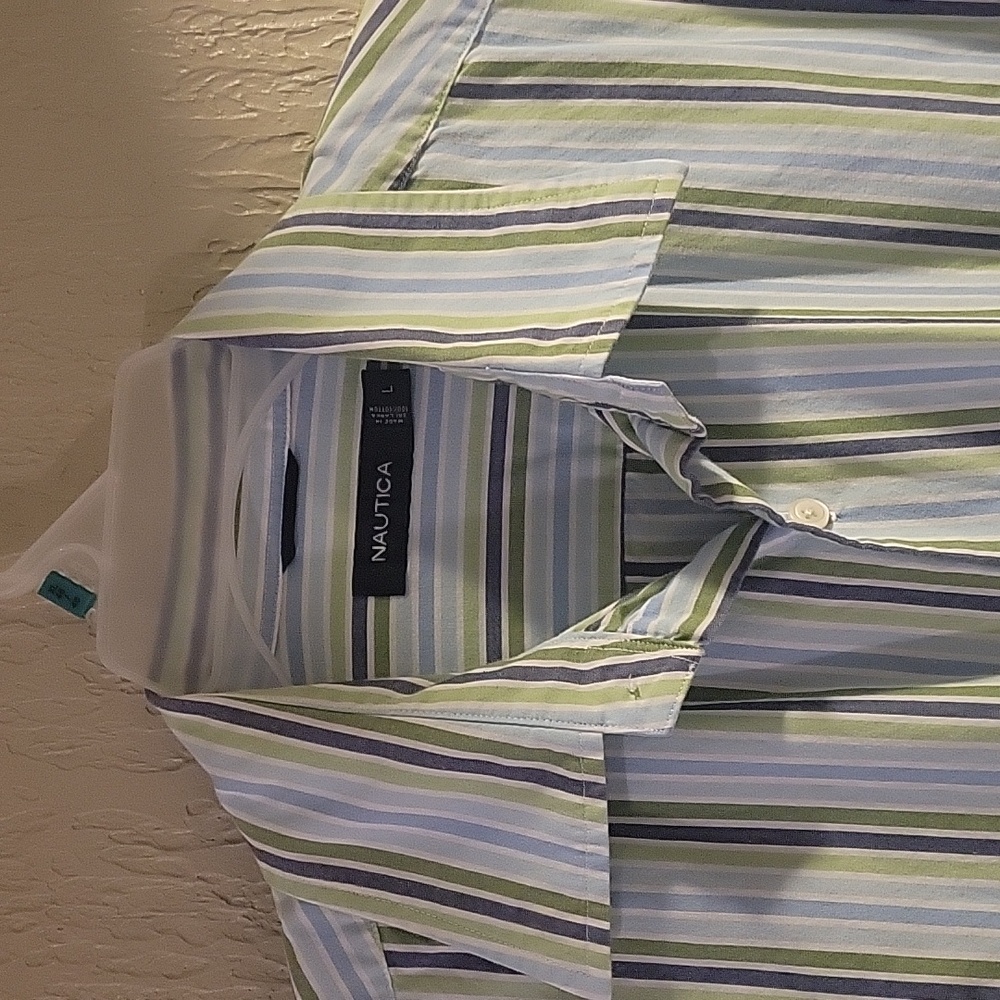 Nautica Long Sleeve Button up Blue Green Stripes